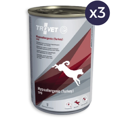 Pachet Economic Dietă Veterinară, Hrană Umedă Câine Adult, TROVET Hypoallergenic, Curcan, 3x400g