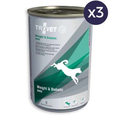 Pachet Economic Dietă Veterinară, Hrană Umedă Câine Adult, TROVET Weight & Diabetic, Pui și Porc, 3x400g
