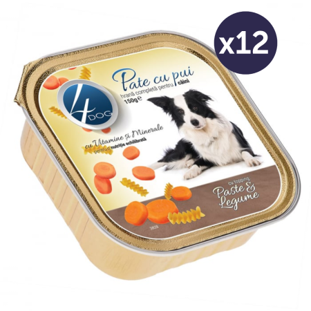 Hrană Umedă Câini - Pachet Economic Hrană Umedă Câine Adult, 4DOG Pate, Pui cu Topping de Paste și Legume, 12x100g