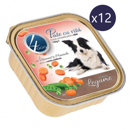 Câine Adult - Pachet Economic Hrană Umedă Câine Adult, 4DOG Pate, Vită cu Topping de Legume, 12x100g