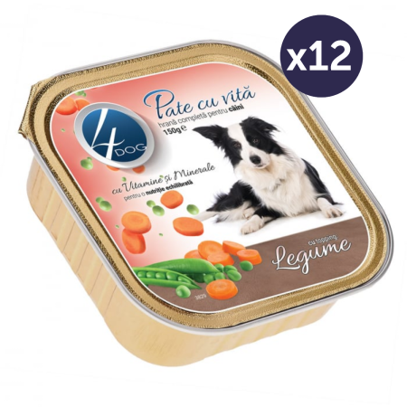 Câine Adult - Pachet Economic Hrană Umedă Câine Adult, 4DOG Pate, Vită cu Topping de Legume, 12x100g