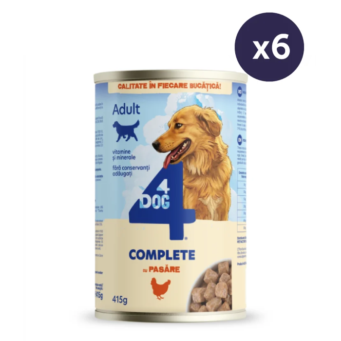 Câini - Pachet Economic Hrană Umedă Câine Adult, 4DOG, Pui, Conservă, 6x415g