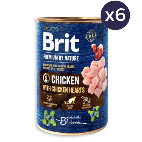 Pachet Economic Hrană Umedă Câine Adult, BRIT Premium by Nature, Pui și Inimi de Pui, 6x400g