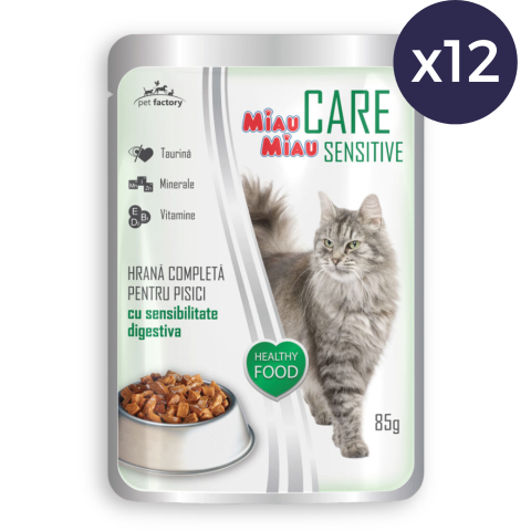 Pisică Adult - Pachet Economic Hrană Umedă Pisică Adult, MIAU MIAU Care Sensitive, Ficat, 12x85g