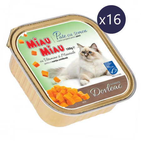 Pisică Adult - Pachet Economic Hrană Umedă Pisică Adult, MIAU MIAU Pate, Somon cu Topping de Dovleac, 16x100g