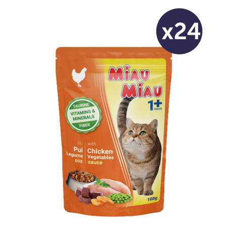 Pisici - Pachet Economic Hrană Umedă Pisică Adult, MIAU MIAU, Pui și Legume în Sos, 24x100g