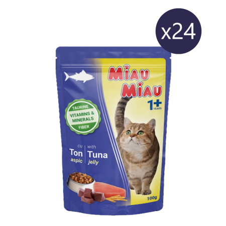 Pisică Adult - Pachet Economic Hrană Umedă Pisică Adult, MIAU MIAU, Ton în Aspic, 24x100g