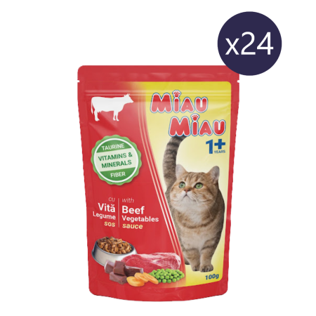Pisică Adult - Pachet Economic Hrană Umedă Pisică Adult, MIAU MIAU, Vită și Legume în Sos, 24x100g