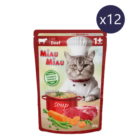 Pisică Adult - Pachet Economic Hrană Umedă Pisică Adult, MIAU MIAU, Vită și Legume în Supă, 12x85g