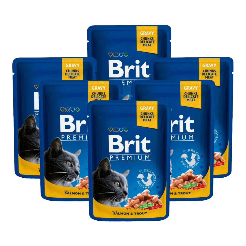 Pisică Adult - Pachet Economic Hrana Umeda Pisici BRIT PREMIUM By Nature Somon si Pastrav 6x100g