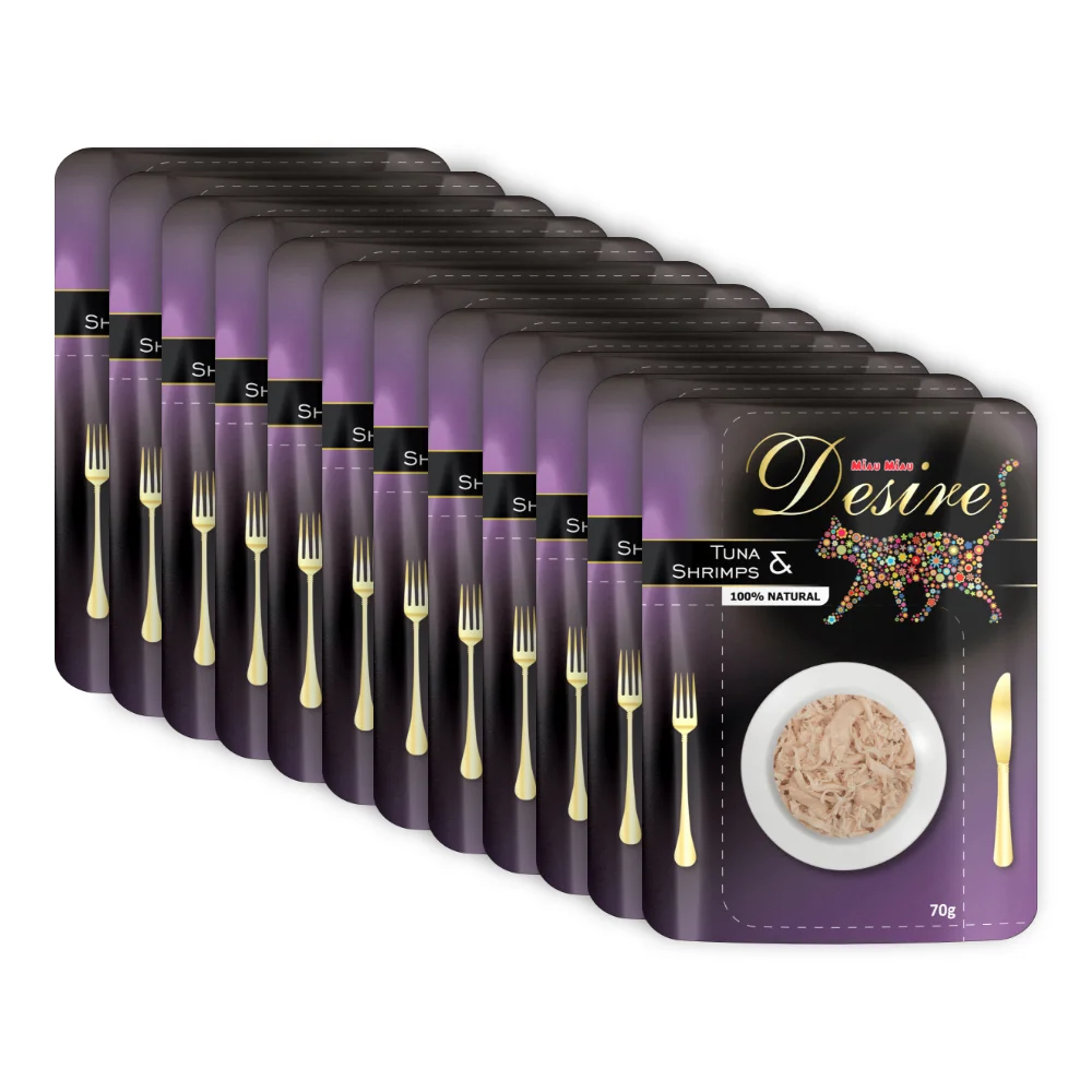 Pachet Economic DESIRE, Hrană Umedă Pisică Adult, Ton File și Creveți în Supă, 12x70g