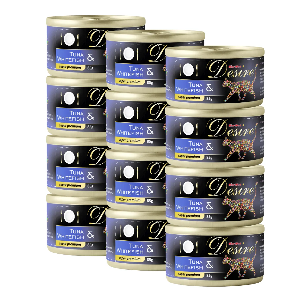 Pisică Adult - Pachet Economic DESIRE, Hrană Umedă Pisică Adult, Ton File și Pește Alb în Gelatină, 12x85g