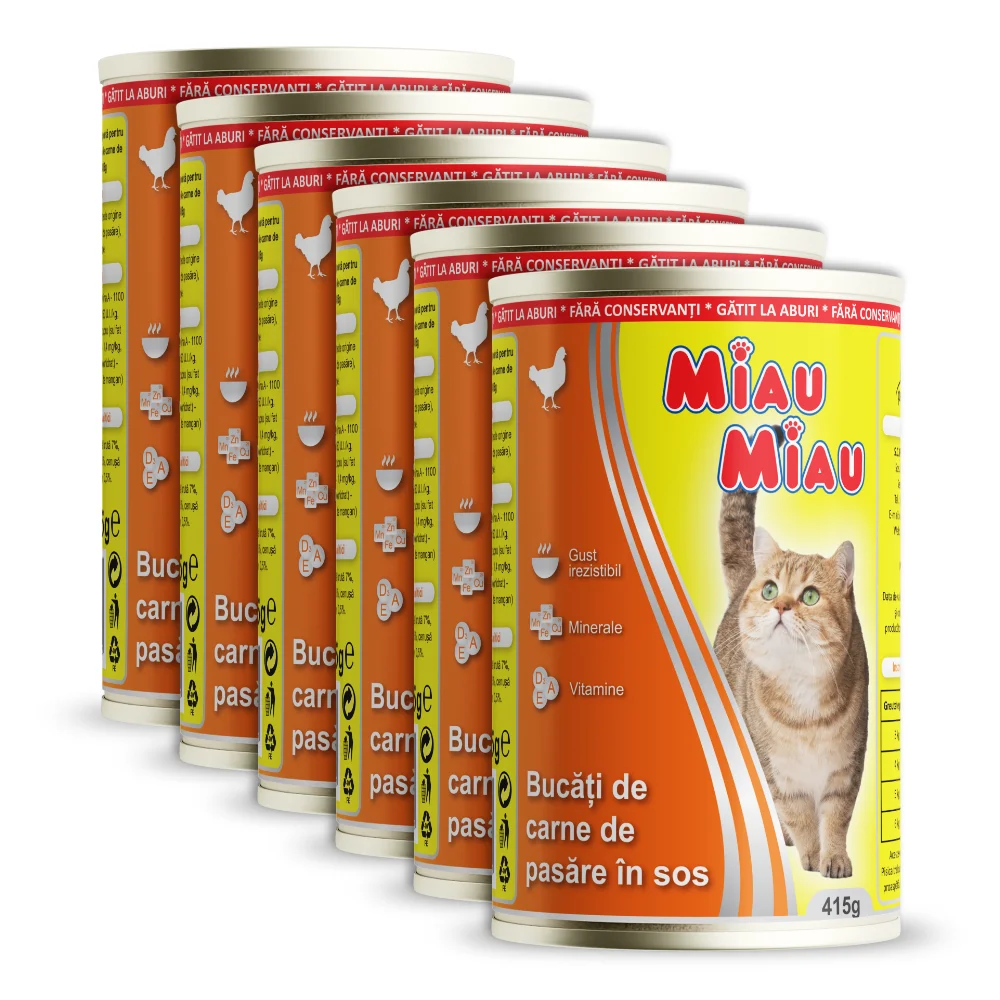 Pisică Adult - Pachet Economic MIAU MIAU Conservă, Hrană Umedă Pisică Adult, Pui, 6x415g