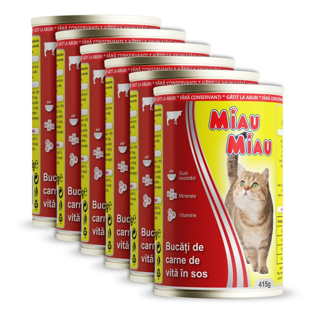 Pisică Adult - Pachet Economic MIAU MIAU Conservă, Hrană Umedă Pisică Adult, Vită, 6x415g