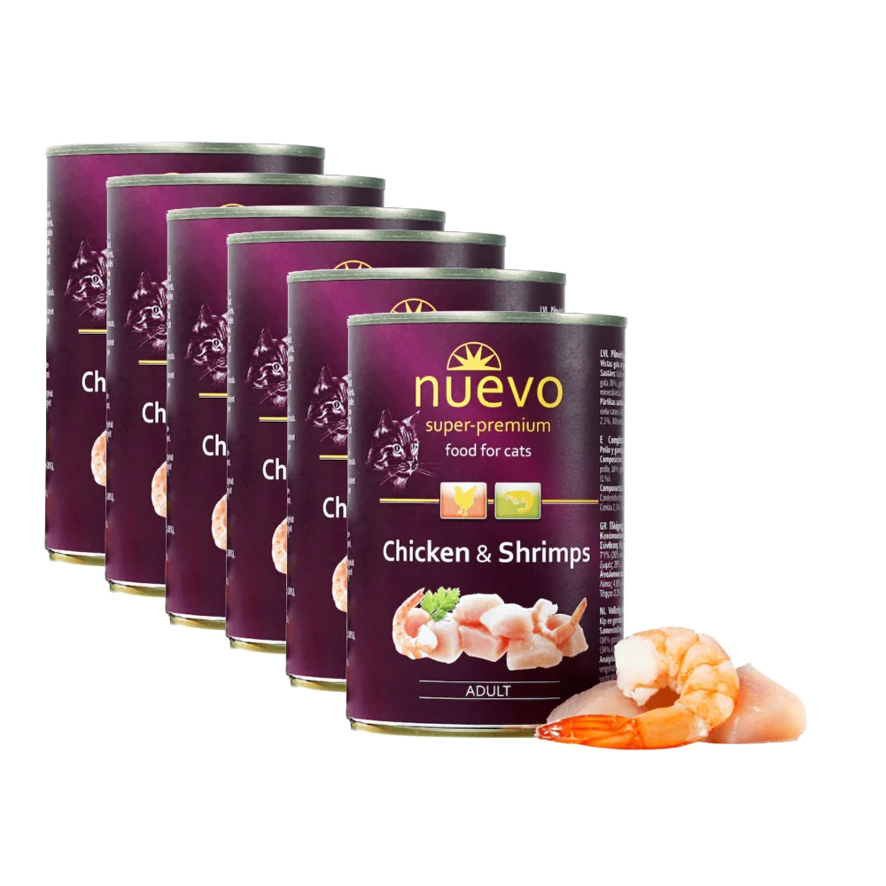 Pisică Adult - Pachet Economic Hrana Umeda Pisici NUEVO Adult Pui si Creveti 6x400g
