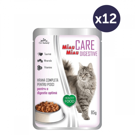 Pisică Adult - Pachet Economic MIAU MIAU Care Digestive, Hrană Umedă Pisică Adult, Miel în gelatină, 12x85g
