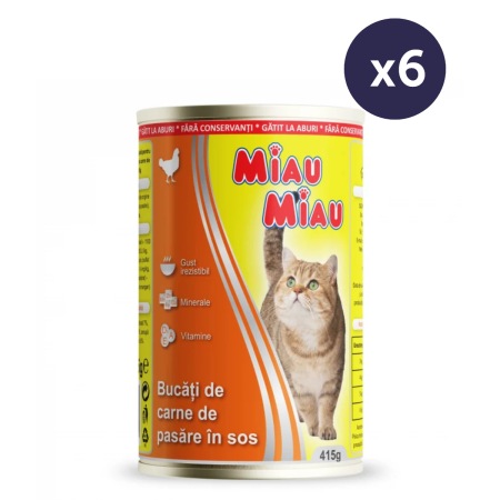 Pisici - Pachet Economic MIAU MIAU Conservă, Hrană Umedă Pisică Adult, Pui, 6x415g
