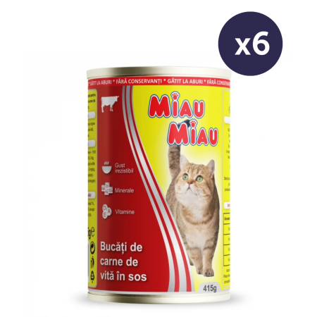 Pisici - Pachet Economic MIAU MIAU Conservă, Hrană Umedă Pisică Adult, Vită, 6x415g