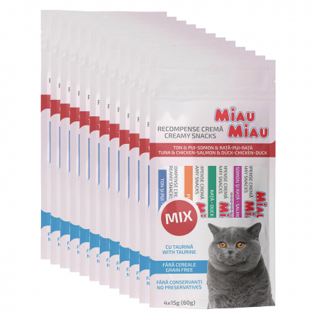 Snacks - Pachet Economic Recompense Cremoase Pisică Adult, MIAU MIAU Creamy Snacks Mix, Somon, Rață, Ton și Pui, 4x15g, 12 bucăți