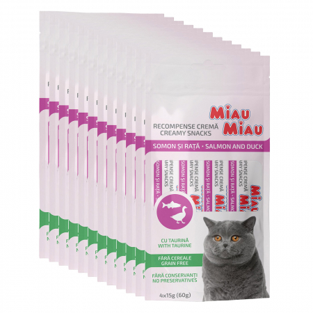 Recompense Pisici - Pachet Economic Recompense Cremoase Pisică Adult, MIAU MIAU Creamy Snacks, Somon și Rață, 4x15g, 12 bucăți