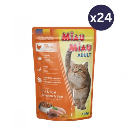 Pisică Adult - Pachet Economic MIAU MIAU Hrană Umedă Pisică Adult, Pui și Ficat în sos, 24x100g