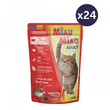 Pachet Economic MIAU MIAU Hrană Umedă Pisică Adult, Vită în sos, 24x100g