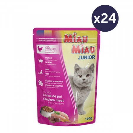 Pisică Junior - Pachet Economic MIAU MIAU Hrană Umedă Pisică Junior, Pui în sos, 24x100g