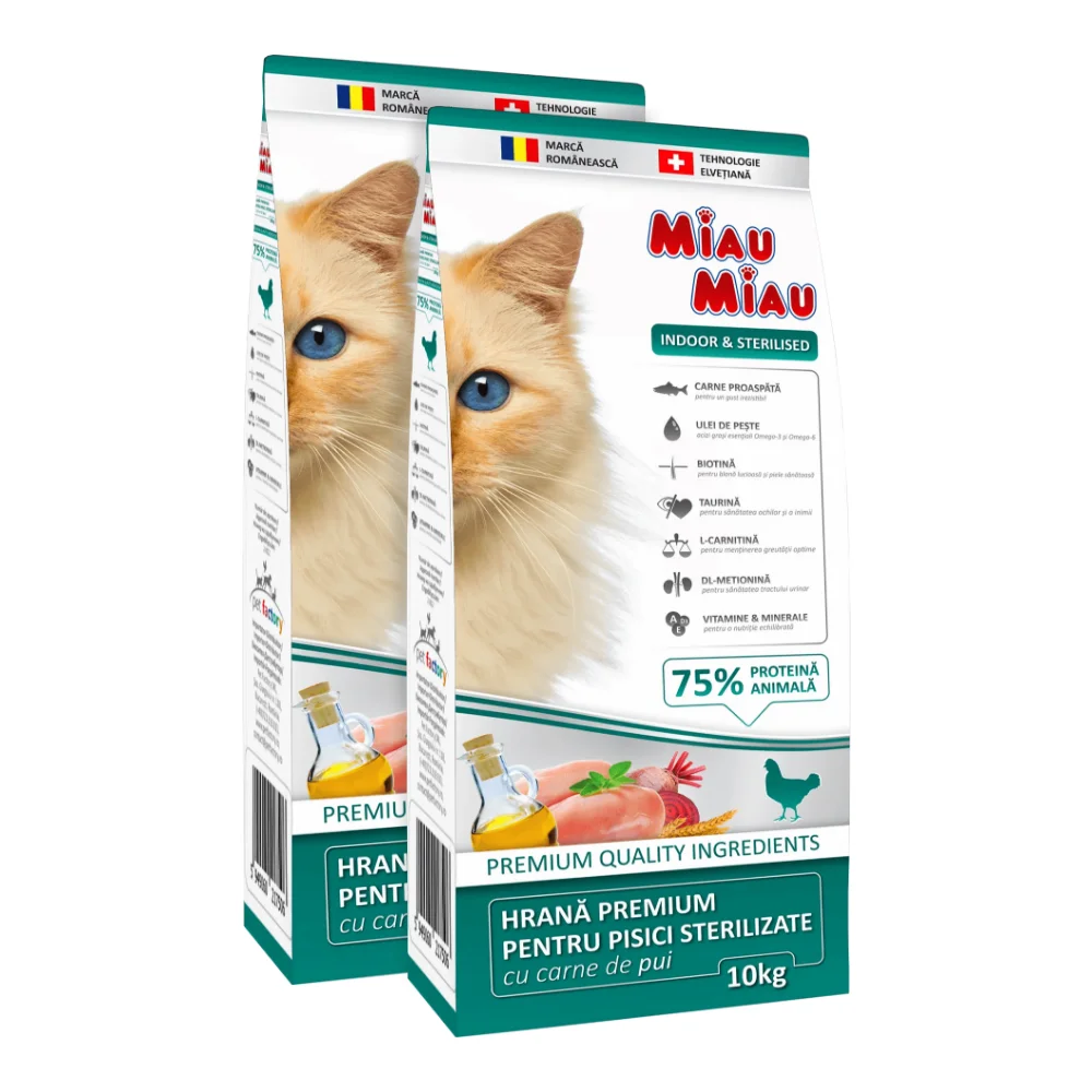 Pisică Adult - Pachet Economic MIAU MIAU Indoor, Hrană Uscată Pisică Adult, Sterilizată, Pasăre, 2x10kg