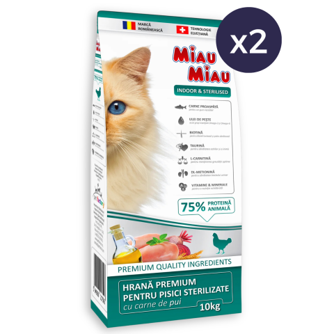 Pisică Senior - Pachet Economic MIAU MIAU Indoor, Hrană Uscată Pisică Adult, Sterilizată, Pasăre, 2x10kg