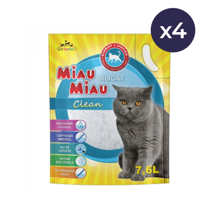 Așternut Igienic Pisici - Pachet Economic MIAU MIAU Silicat, Așternut Igienic pentru Pisică, Clean, 4x7.6L