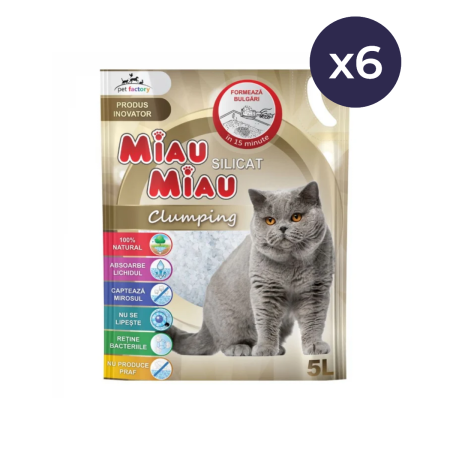 Așternut Igienic Pisici - Pachet Economic MIAU MIAU Silicat, Așternut Igienic pentru Pisică, Clumping, 6x5L