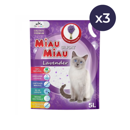Așternut Igienic Pisici - Pachet Economic MIAU MIAU Silicat, Așternut Igienic pentru Pisică, Lavandă, 3x5L