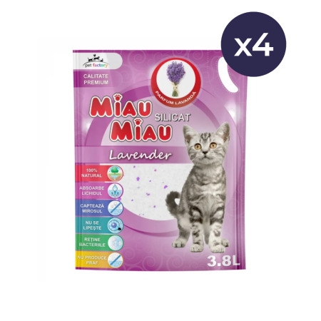 Așternut Igienic Pisici - Pachet Economic MIAU MIAU Silicat, Așternut Igienic pentru Pisică, Lavandă, 4x3.8L