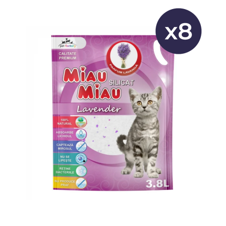 Așternut Igienic Pisici - Pachet Economic MIAU MIAU Silicat, Așternut Igienic pentru Pisică, Lavandă, 8x3.8L