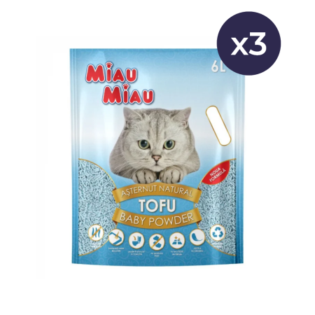 Așternut Igienic Pisici - Pachet Economic MIAU MIAU Tofu, Așternut Igienic pentru Pisică, Baby Powder, 3x6L