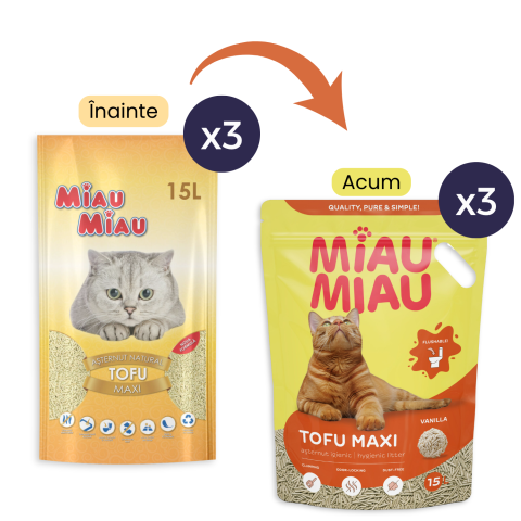 Îngrijire Pisici - Pachet Economic MIAU MIAU Tofu, Așternut Igienic pentru Pisică, Maxi, Vanilie, 3x15L