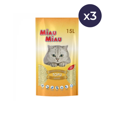 Așternut Igienic Pisici - Pachet Economic MIAU MIAU Tofu, Așternut Igienic pentru Pisică, Maxi, Vanilie, 3x15L