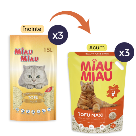 Pisici - Pachet Economic MIAU MIAU Tofu, Așternut Igienic pentru Pisică, Maxi, Vanilie, 3x15L
