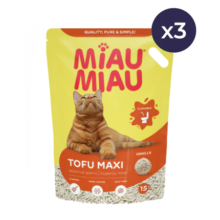 Așternut Igienic Pisici - Pachet Economic MIAU MIAU Tofu, Așternut Igienic pentru Pisică, Maxi, Vanilie, 3x15L