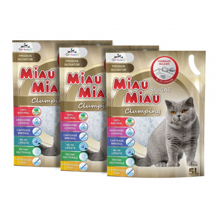 Pachet Economic MIAU MIAU Silicat, Așternut Igienic pentru Pisică, Clumping, 3x5L