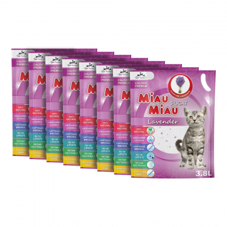 Așternut Igienic Pisici - Pachet Economic MIAU MIAU Silicat, Așternut Igienic pentru Pisică, Lavandă, 8x3.8L