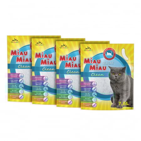 Așternut Igienic Pisici - Pachet Economic MIAU MIAU Silicat, Așternut Igienic pentru Pisică, Clean, 4x7.6L