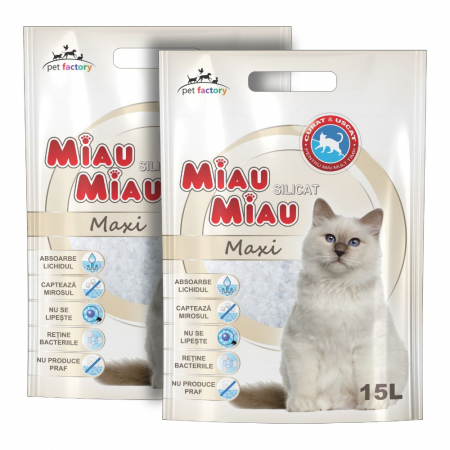 Așternut Igienic Pisici - Pachet Economic MIAU MIAU Silicat, Așternut Igienic pentru Pisică, Maxi, 2x15L