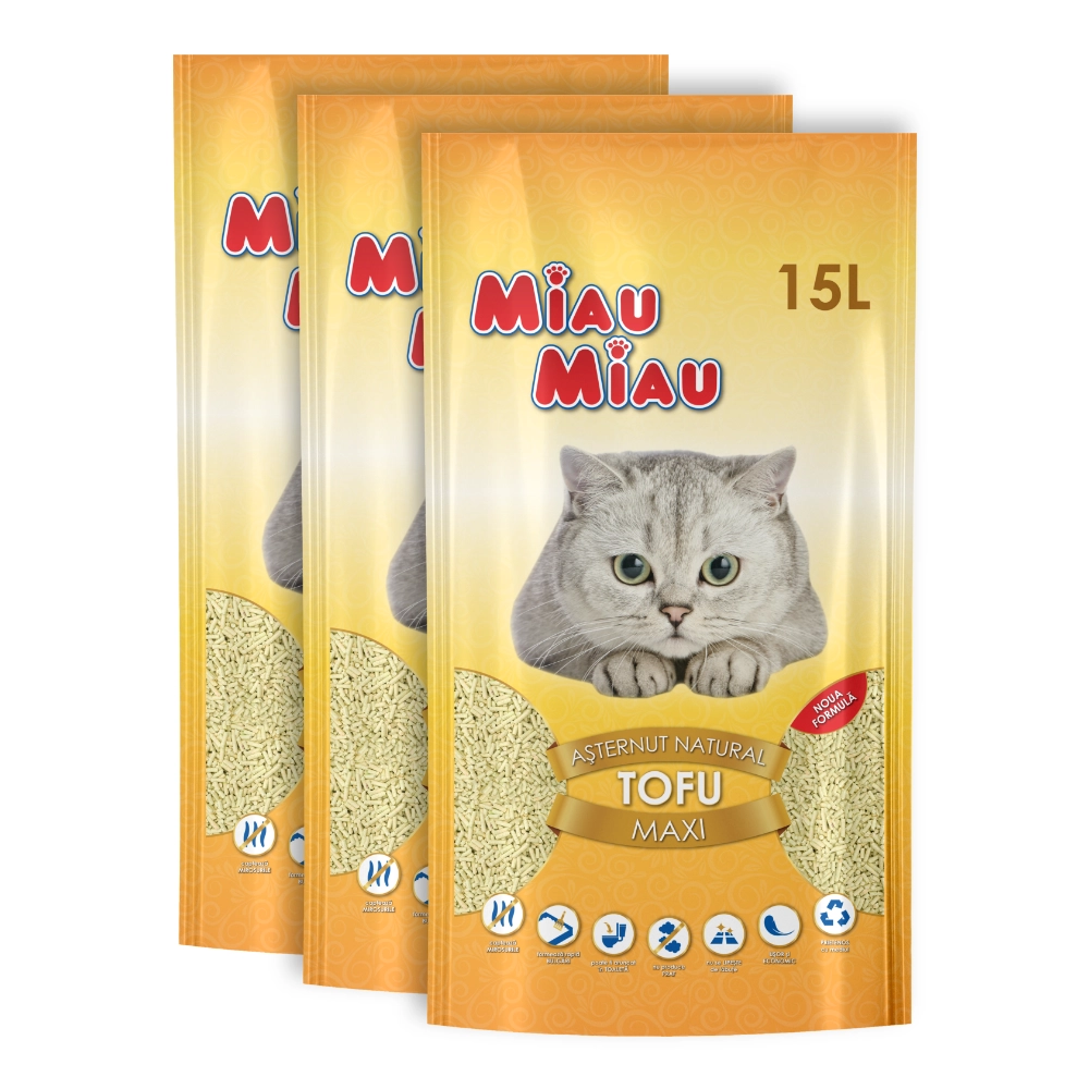Așternut Igienic Pisici - Pachet Economic MIAU MIAU Tofu, Așternut Igienic pentru Pisică, Maxi, Vanilie, 3x15L