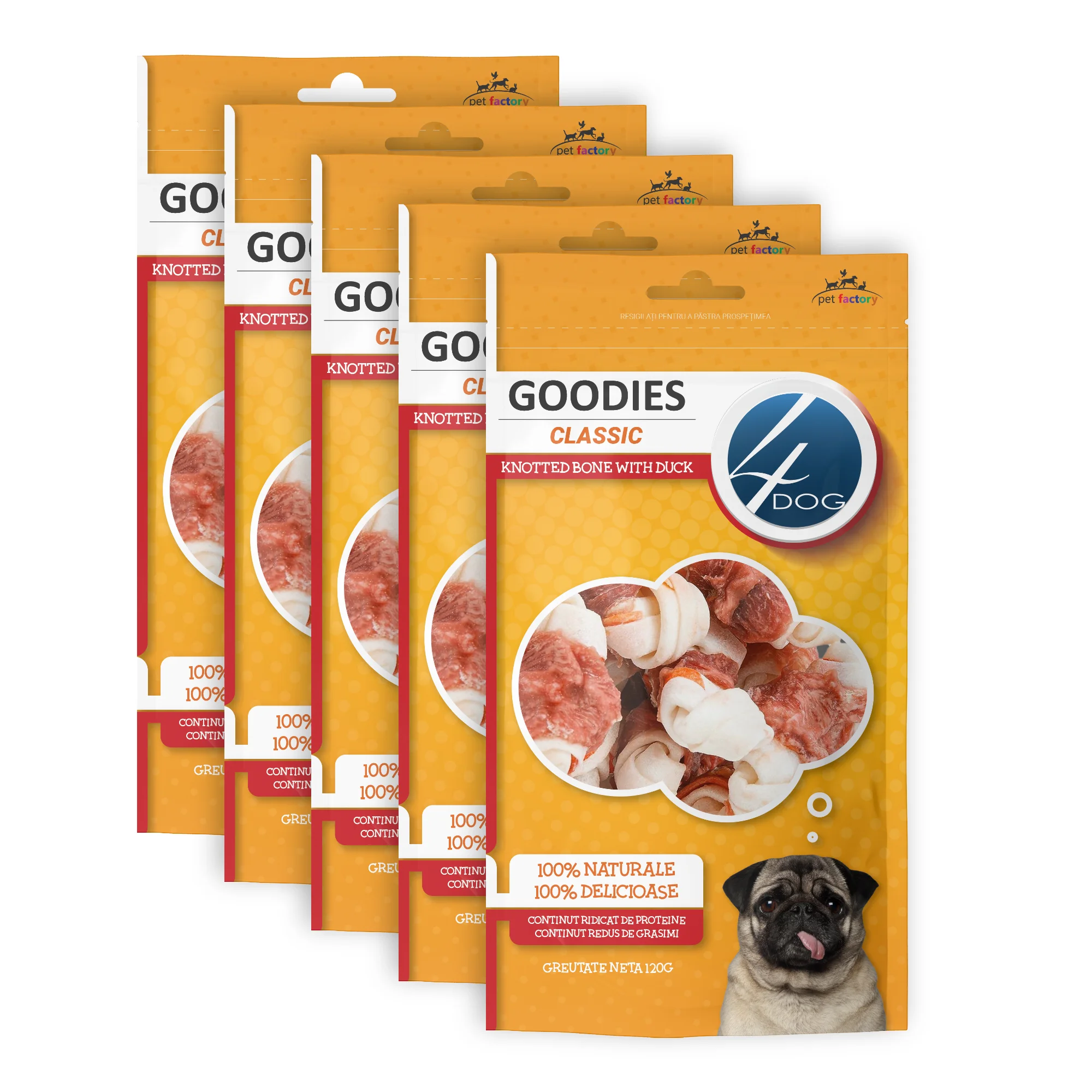 Câini - Pachet Economic Recompense pentru Câine Adult, 4DOG GOODIES Classic, Os Înnodat, Piele Presată și Rață, 5x120g