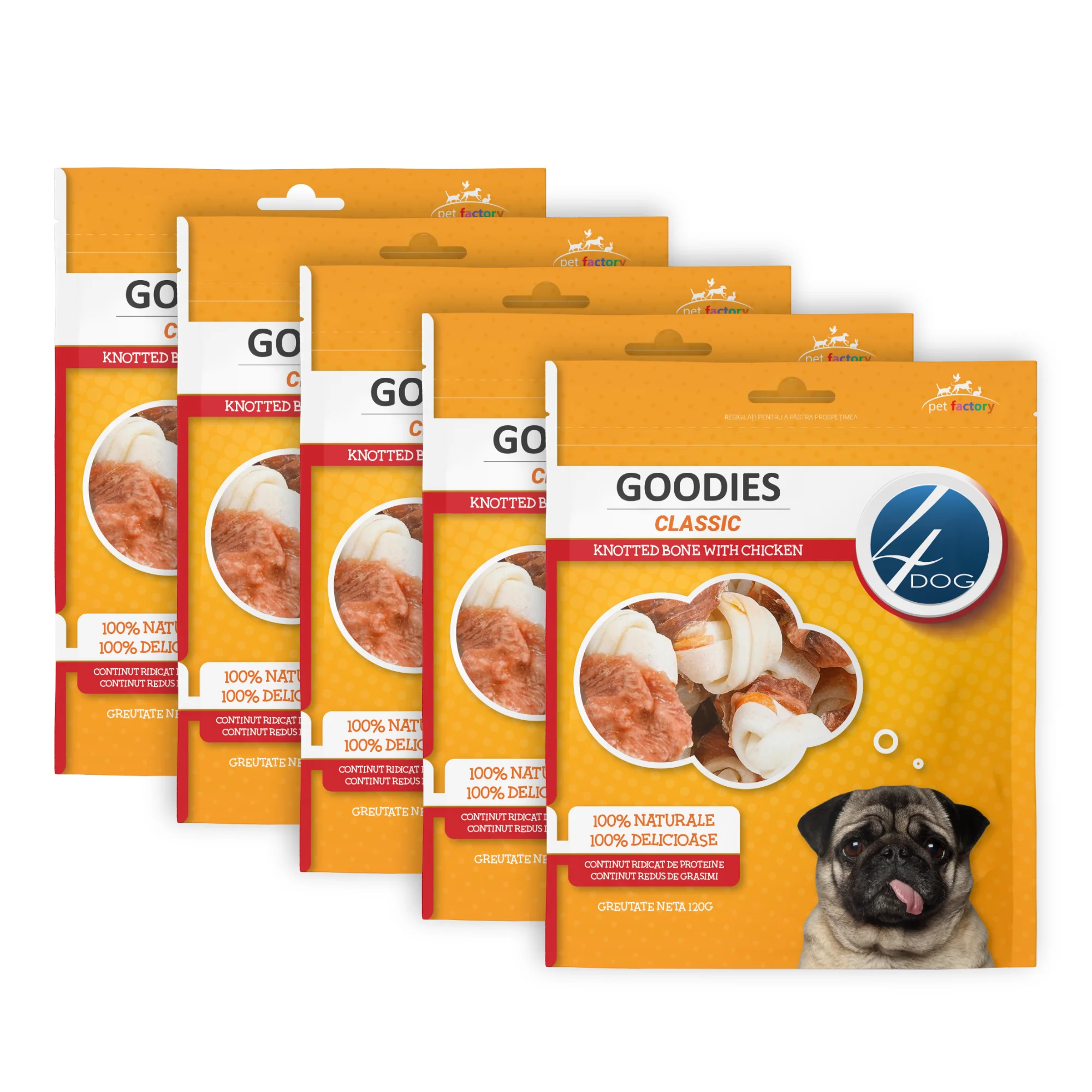Câini - Pachet Economic Recompense pentru Câine Adult, 4DOG GOODIES Classic, Os Înnodat, Piele Presată și Pui, 5x120g