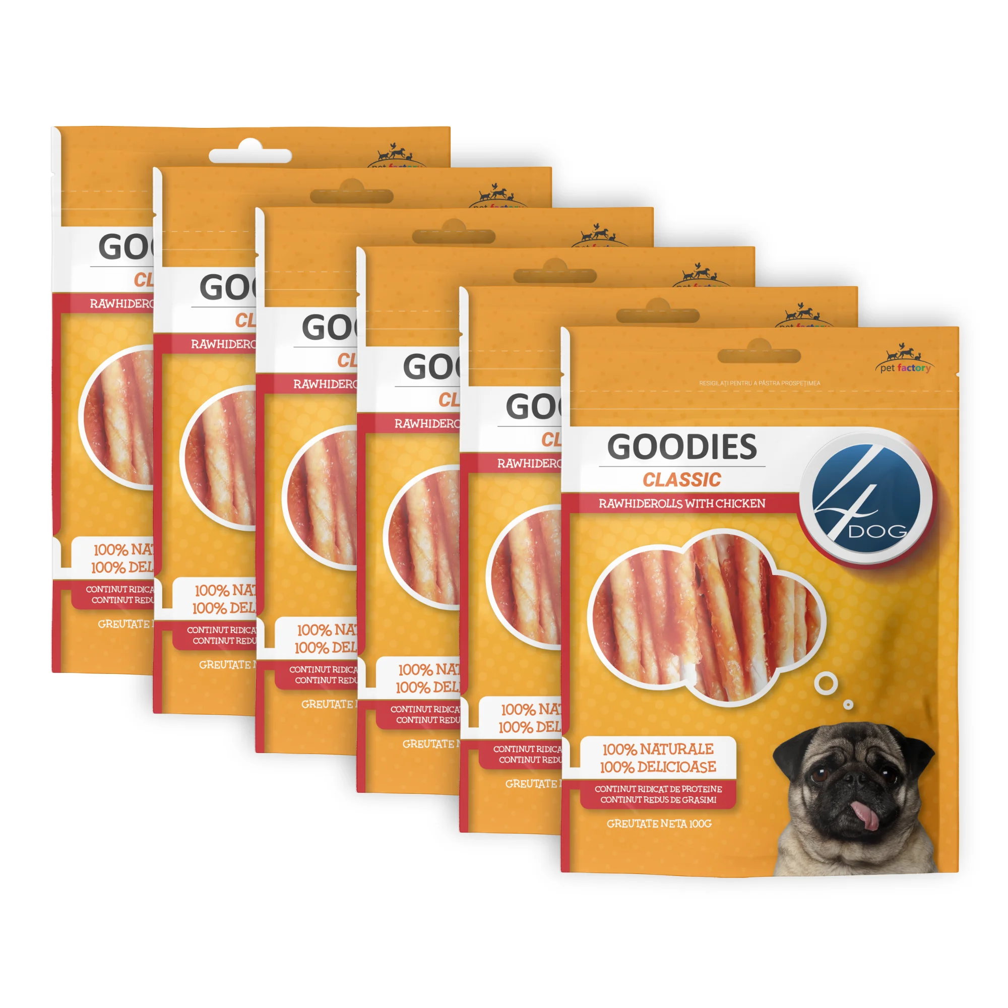 Câini - Pachet Economic Recompense pentru Câine Adult, 4DOG GOODIES Classic, Piele Presată și Pui, 6x100g