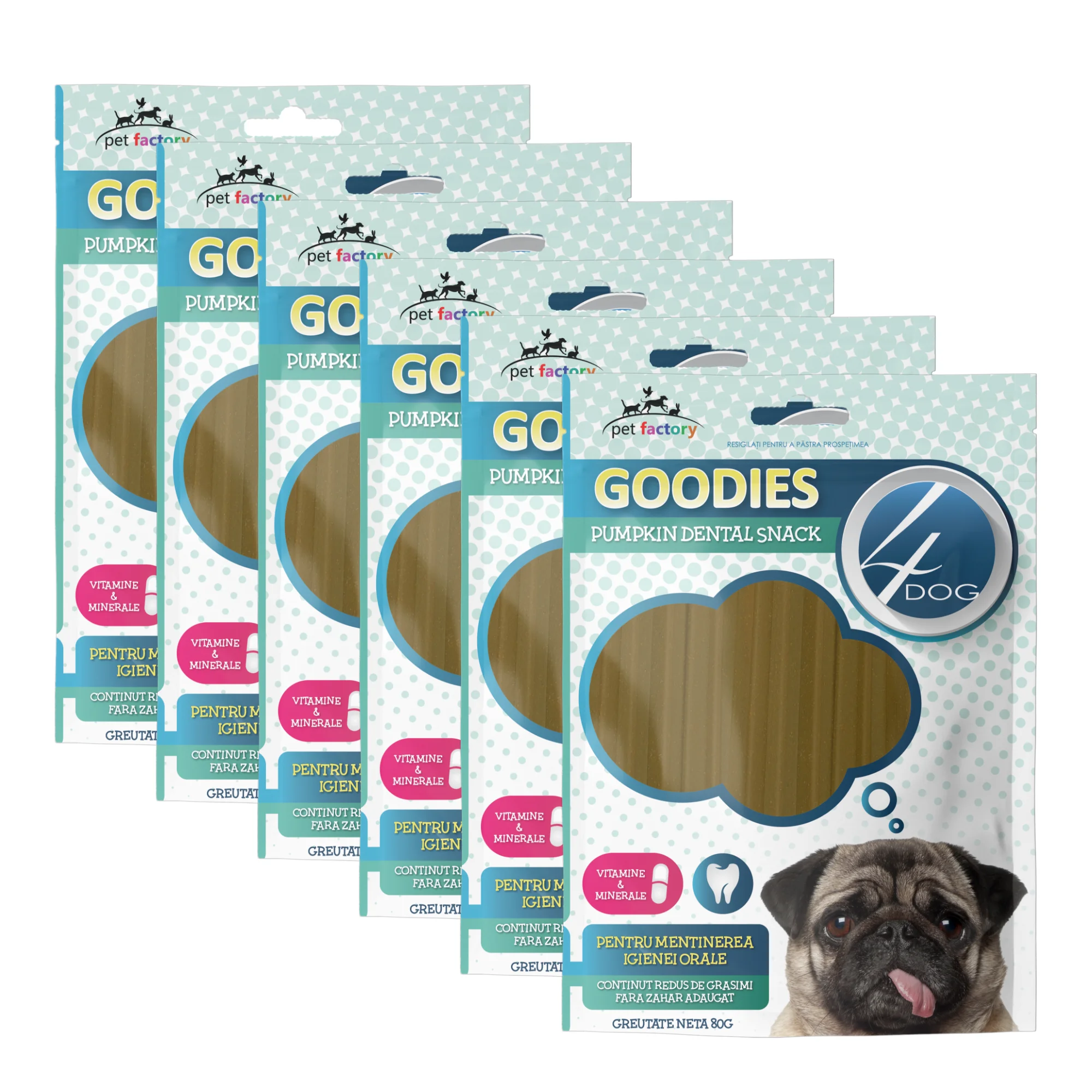 Câini - Pachet Economic Recompense pentru Câine Adult, 4DOG GOODIES Dental Sticks, Dovlecel și Vitamine, 6x80g