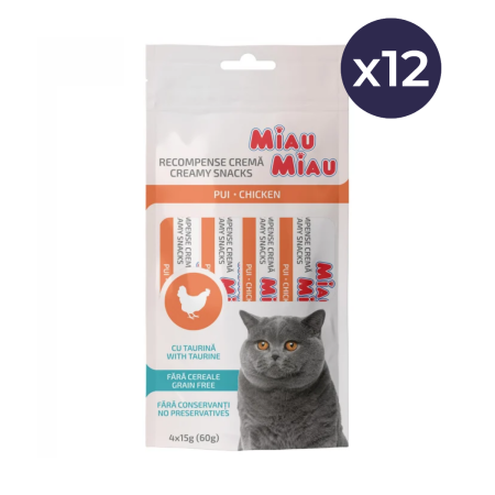 Pachet Economic Recompense Cremoase Pisică Adult, MIAU MIAU Creamy Snacks, Pui, 4x15g, 12 bucăți