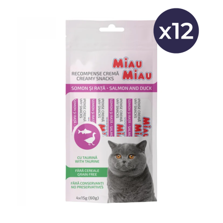 Pachet Economic Recompense Cremoase Pisică Adult, MIAU MIAU Creamy Snacks, Somon și Rață, 4x15g, 12 bucăți